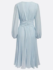 Light Blue Pleated Ruched Balloon Sleeve A-Line Midi Chiffon Dress