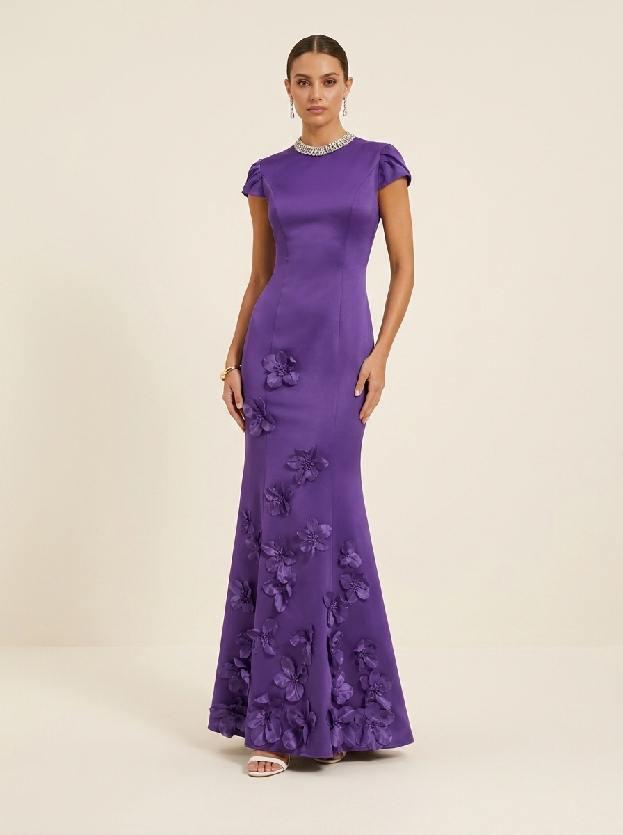 Pearl Beaded High-Neck Satin Floor-Length Evening Dresses with Cap Sleeves and 3D Flowers