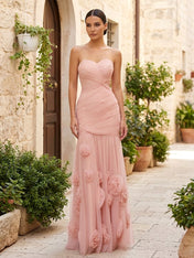 Pink Sweetheart Evening Dress with 3D Flower Mermaid Maxi Dress