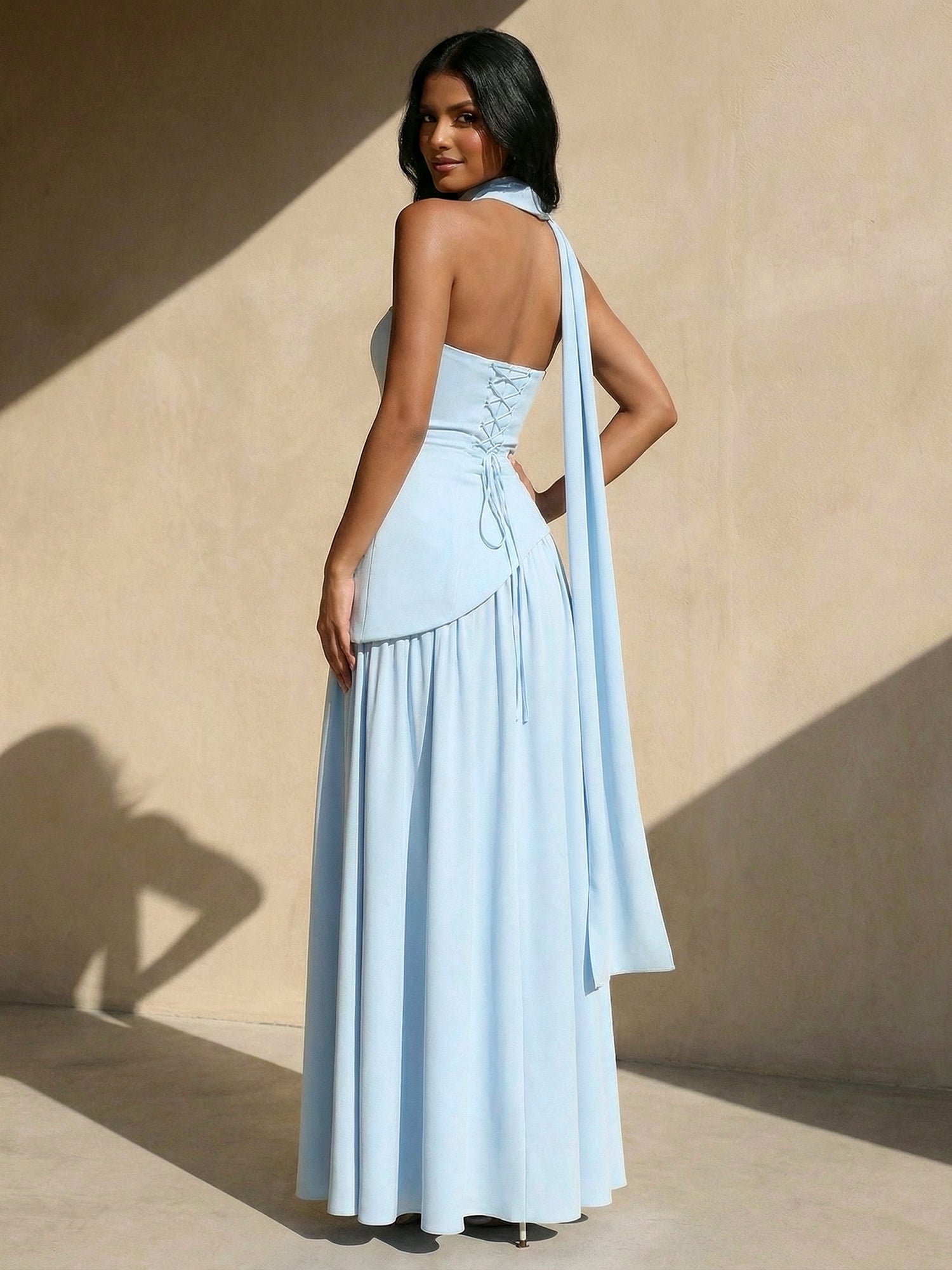 Light Blue Strapless Maxi Dresses with Scarf A Line Slit Evening Dress