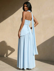Light Blue Strapless Maxi Dresses with Scarf A Line Slit Evening Dress