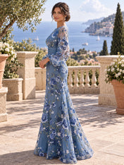 Boat Neck Long Sleeve Embroidered Mesh Evening Dress