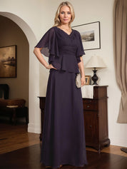 A-line V-Neck Floor-Length Chiffon Mother of the Bride Dress With Pleated Beading