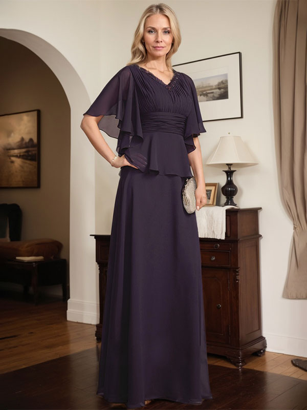 A-line V-Neck Floor-Length Chiffon Mother of the Bride Dress With Pleated Beading