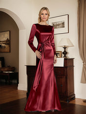 Satin Sheath Long Sleeves Mother of the Bride Dress with Side Waist