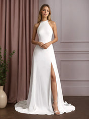 White A-Line Side Slit Stretch Satin Wedding Dress