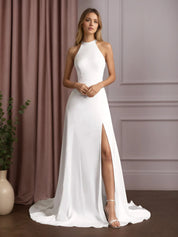 White A-Line Side Slit Stretch Satin Wedding Dress