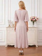 V-Neck Puff Sleeve Chiffon Midi Mother of the Bride Dress with Twisted Waist and Cascading Ruffles