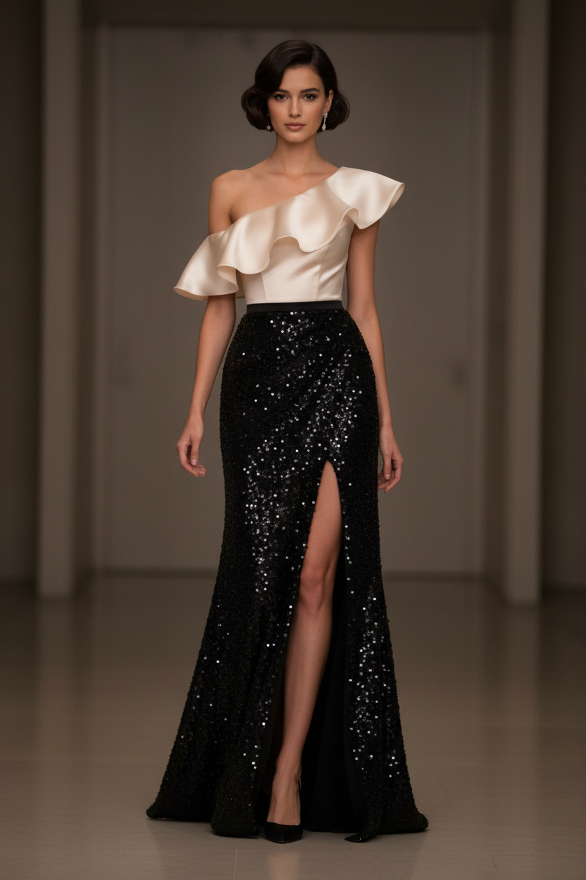 Satin and Sequin Sheath One Shoulder Floor-Length Evening Dresses with Ruffles