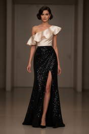 Satin and Sequin Sheath One Shoulder Floor-Length Evening Dresses with Ruffles