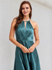 A Line Satin Halter Neck Sleeveless Floor Length Bridesmaid Dress