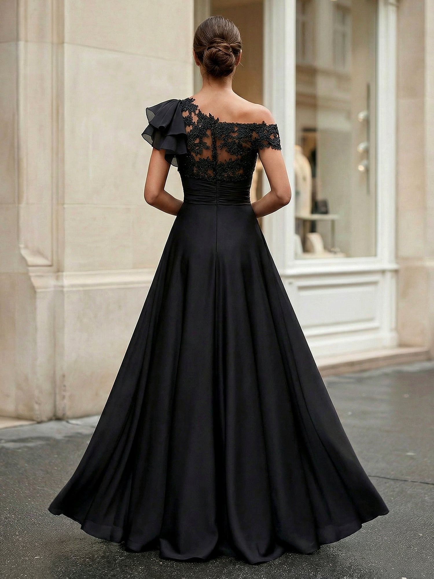 Black One Shoulder Applique Chiffon Evening Dress with Ruffle