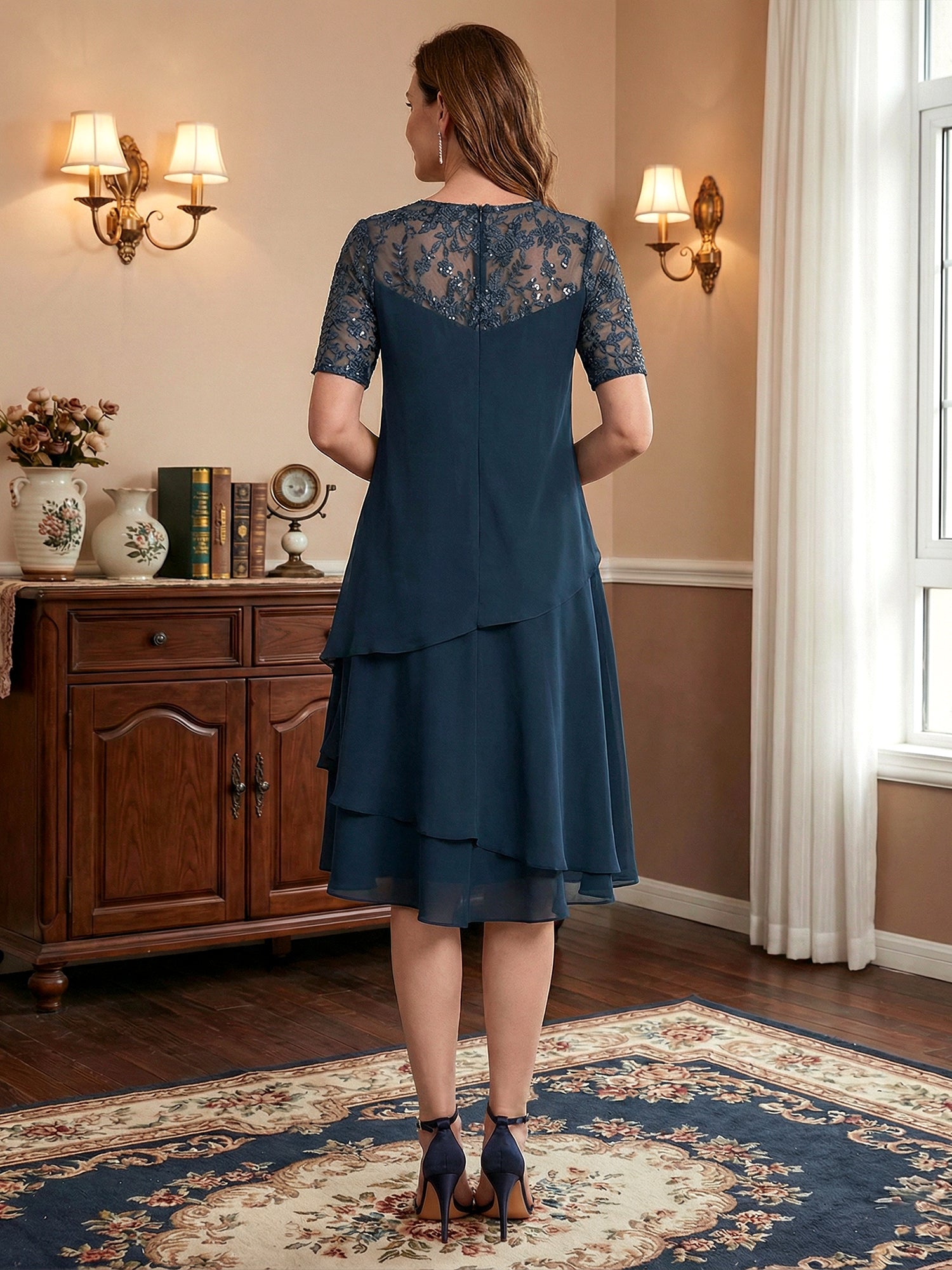 A-line Scoop Illusion Knee-Length Lace Chiffon Mother of the Bride Dress With Sequins