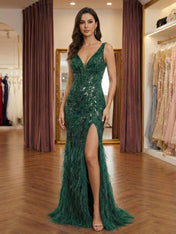 Steel Blue Sequin Feather Long Prom Dress with Slit