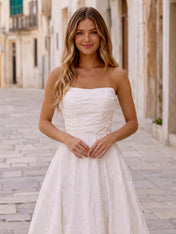 White Embossed Floral Strapless A-Line Wedding Bridal Gown