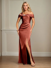 Trumpet/Mermaid Off the Shoulder Floor Length Ruched Satin Mother Of the Bride Dress