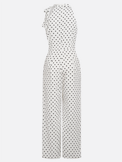 Women White Polka Dots Bow Halter Sleeveless Dressy Jumpsuit