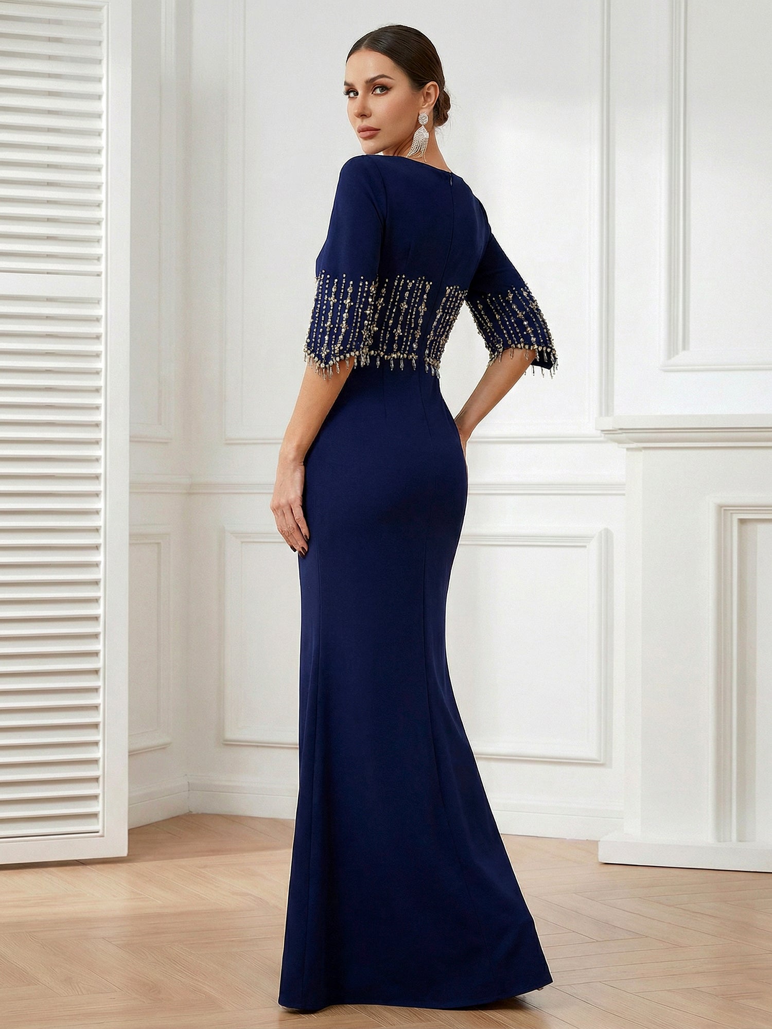 Navy Blue O Neck Half Sleeves Mermaid Satin Evening Dress with Beads