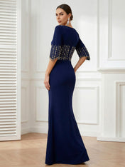 Navy Blue O Neck Half Sleeves Mermaid Satin Evening Dress with Beads