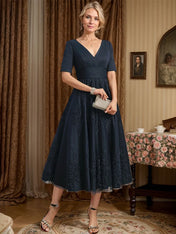 A-line V-Neck Tea-Length Tulle Lace Mother of the Bride Dress With Pleated
