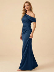 One-Shoulder Draped Satin Mermaid Mother of the Bride Dress Maxi Dress