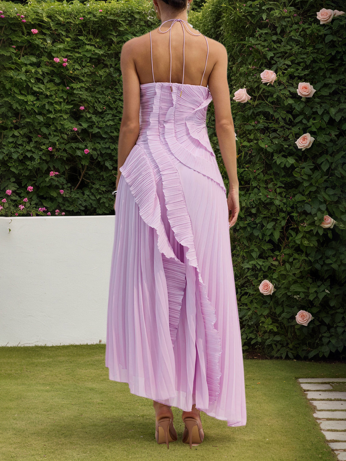 Dreamylily Women Purple Asymmetrical Pleated Halter Neck Midi Dress Dreamylily Women Purple Asymmetrical Pleated Halter Neck Midi Dress