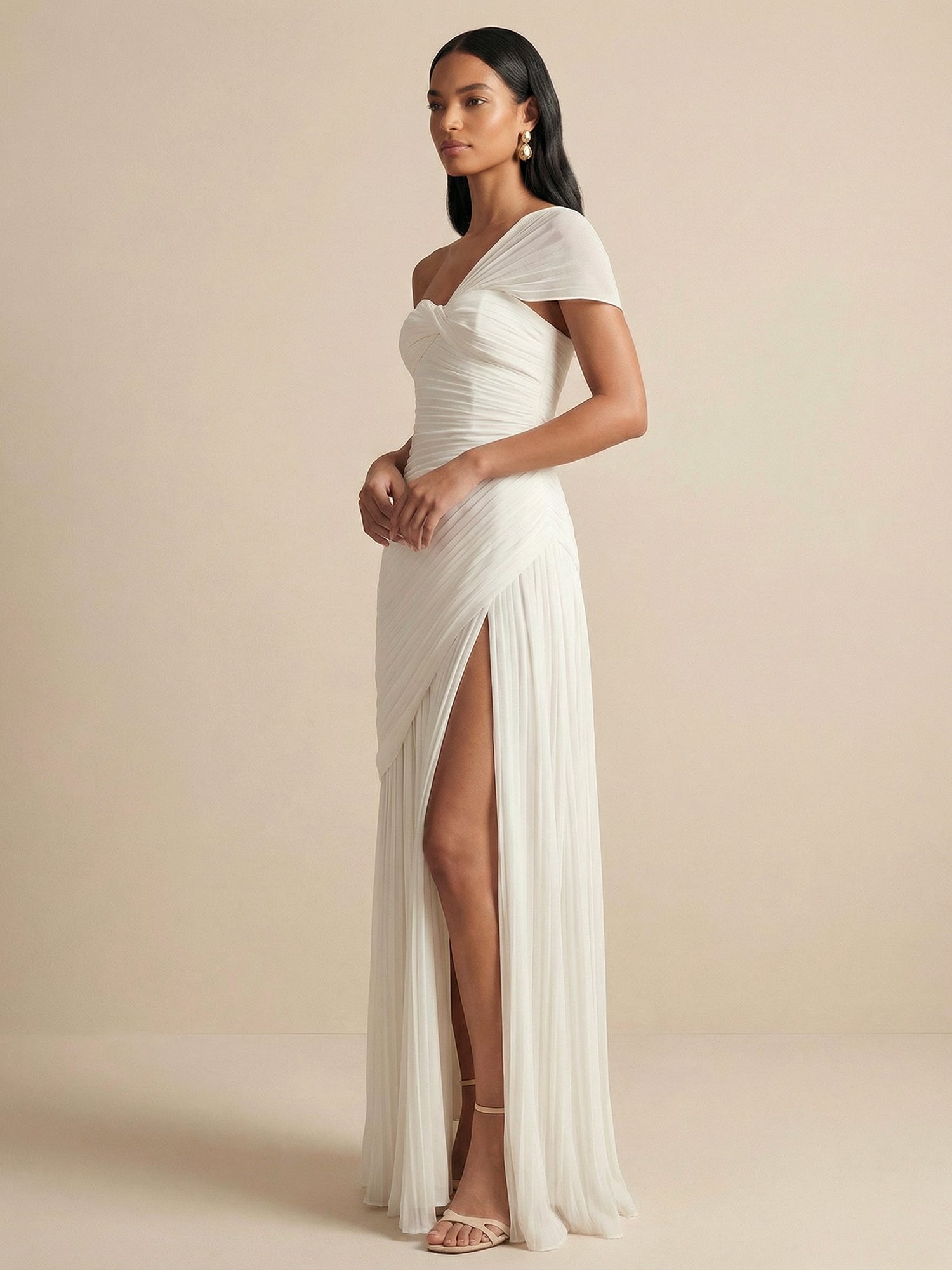 One Shoulder Pleated Chiffon Evening Dress with Side Slit