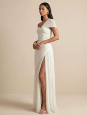 One Shoulder Pleated Chiffon Evening Dress with Side Slit