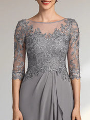 A-line Scoop Illusion Floor-Length Chiffon Lace Mother of the Bride Dress With Beading Sequins Cascading Ruffles