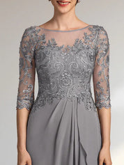 Robe de mère de la mariée trapèze en mousseline de soie et dentelle, longueur au sol, avec perles, paillettes et volants en cascade 