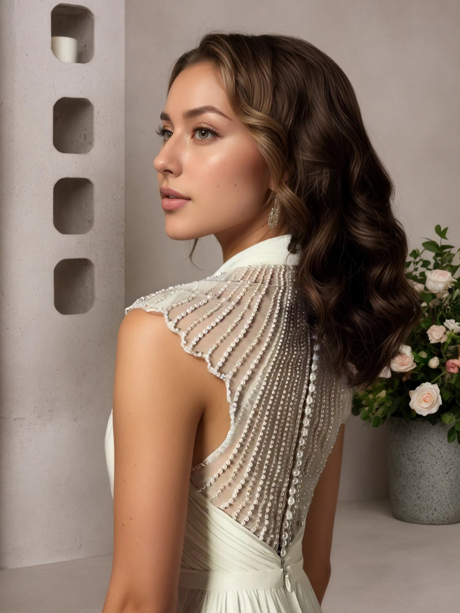 Cream A-Line Pleated Chiffon Dress