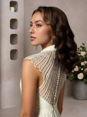 Cream A-Line Pleated Chiffon Dress