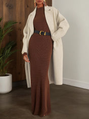 Wool Brown Long Sleeve A-Line Maxi Sweater Dress