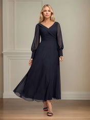 A-line V-Neck Collared Ankle-Length Chiffon Mother of the Bride Dress With Pleated