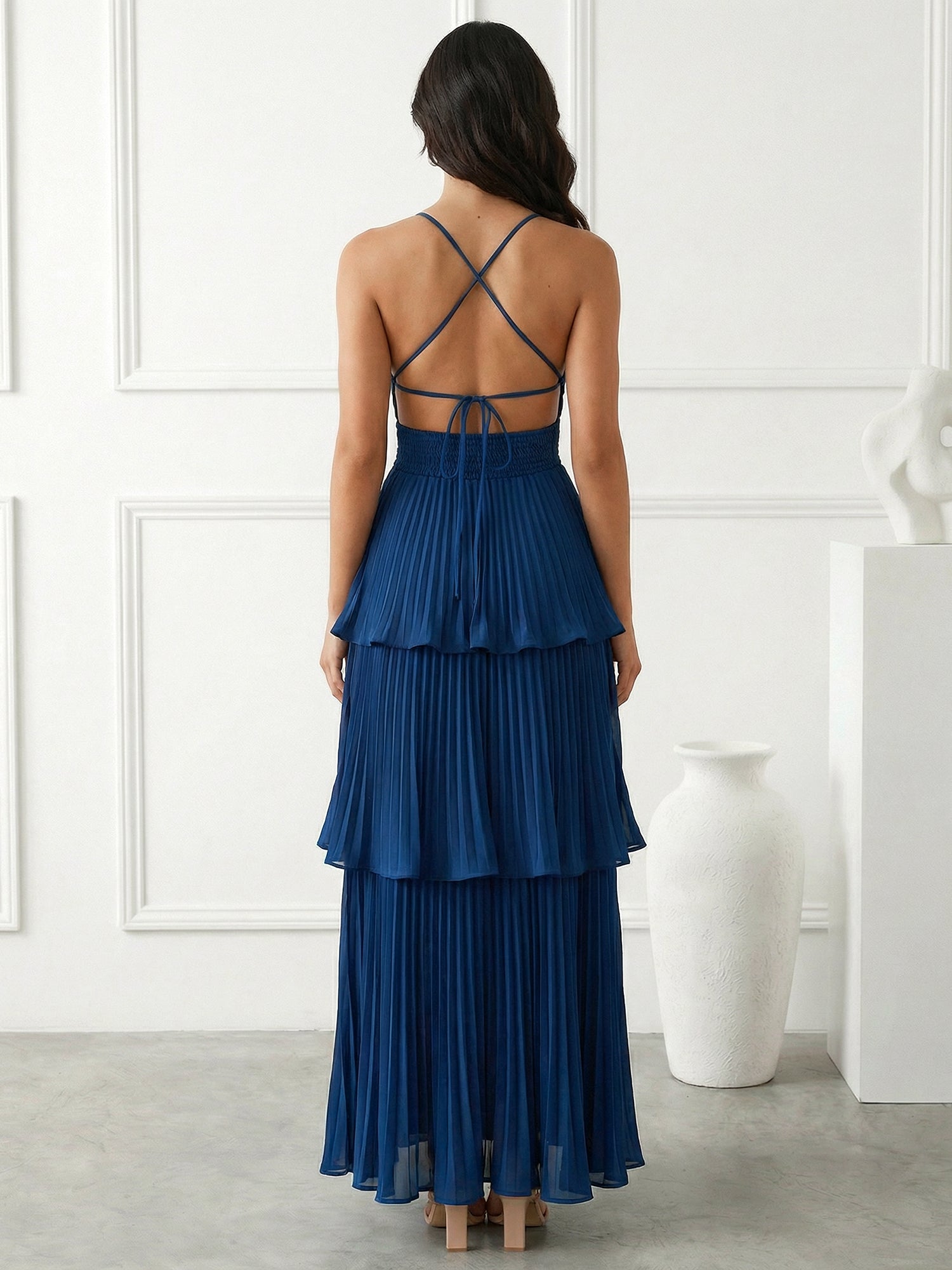 Blue Tiered Mermaid Ankle Length V Neck Maxi Dresses