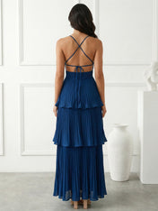 Blue Tiered Mermaid Ankle Length V Neck Maxi Dresses