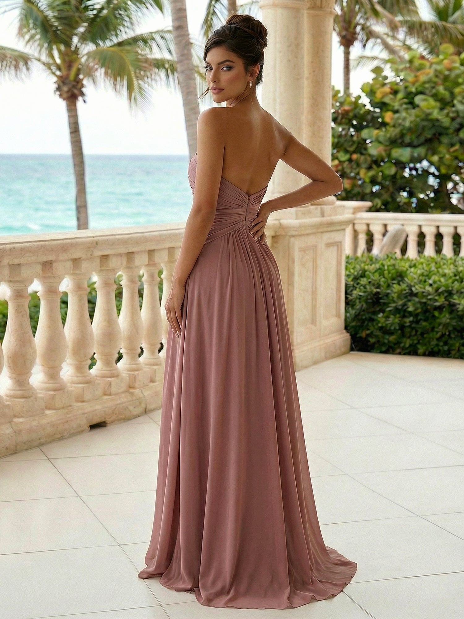 Dusty Rose Strapless Maxi Dresses with Slit A Line Evening Dress