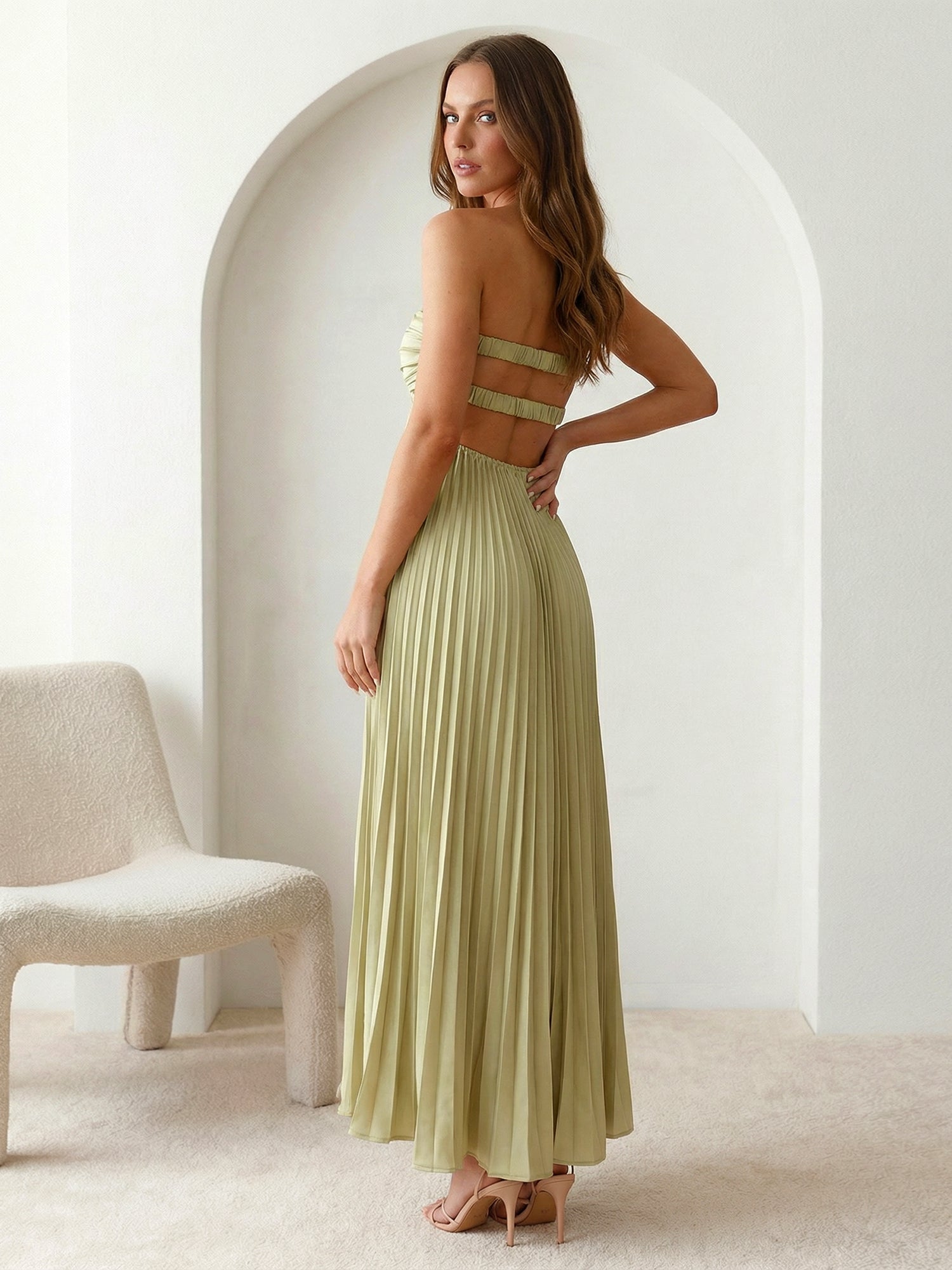 Sage Sweetheart Satin A Line Pleat Maxi Dresses Hollowed