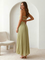 Sage Sweetheart Satin A Line Pleat Maxi Dresses Hollowed