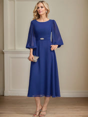 A-line Scoop Tea-Length Chiffon Mother of the Bride Dress With Crystal Brooch Pleated