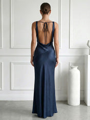Navy Blue V Neck Mermaid Maxi Dress with Pleat