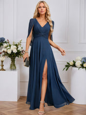A-line V-Neck Floor-Length Chiffon Evening Dress With Cape Pleated