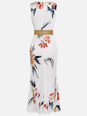 White Floral Satin V Neck Sleeveless A-Line Maxi Dress