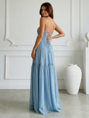 Blue Strapless Sweetheart Chiffon Maxi Dress with Pleat