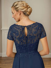 Dark Navy A-Line Boatneck Sequins Chiffon Dress