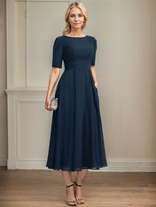 A-line Scoop Tea-Length Chiffon Mother of the Bride Dress With Appliques Lace Sequins
