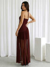 Burgundy Strapless Spaghetti Straps Maxi Dress with Slit