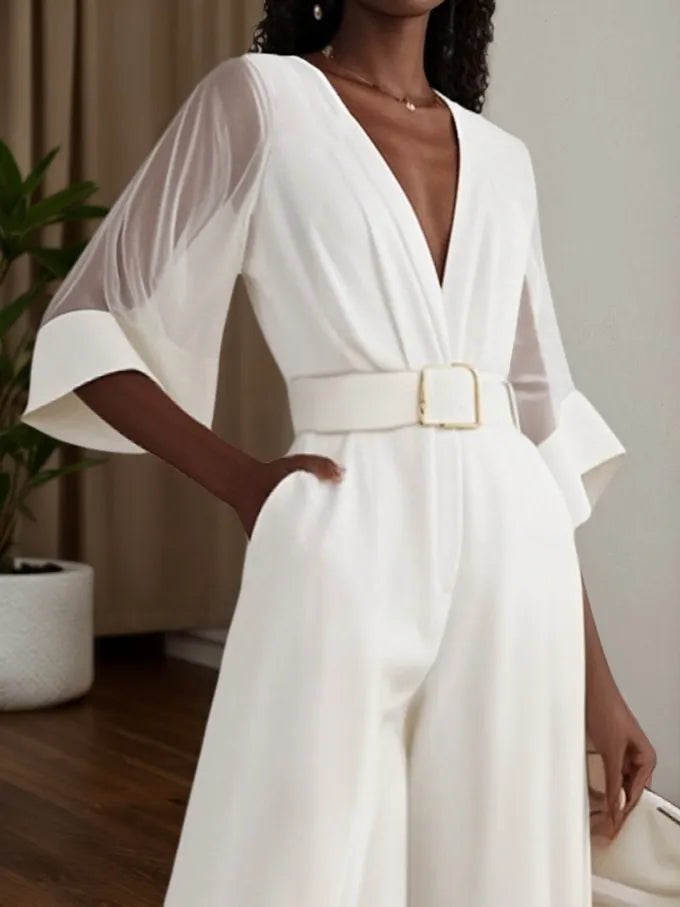 White Mesh V Neck Half Sleeve Plain Wide-Leg Jumpsuit With Belt