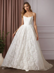 White Ball-Gown Strapless Sleeveless Lace Wedding Dress
