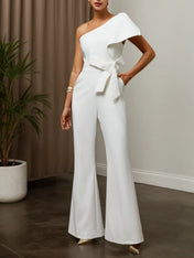 Women White Bow One Shoulder Wide-Leg Jumpsuit